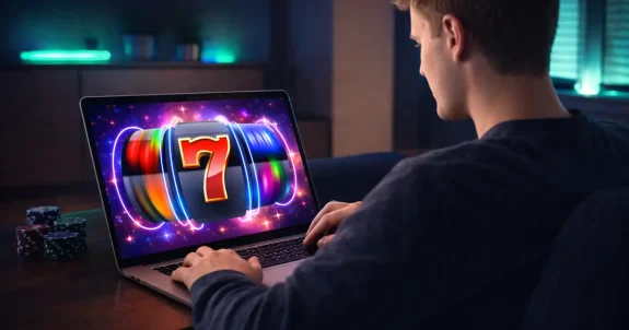 Férfi laptopon online nyerőgépen játszik, online kaszinó kezdőknek útmutató témában