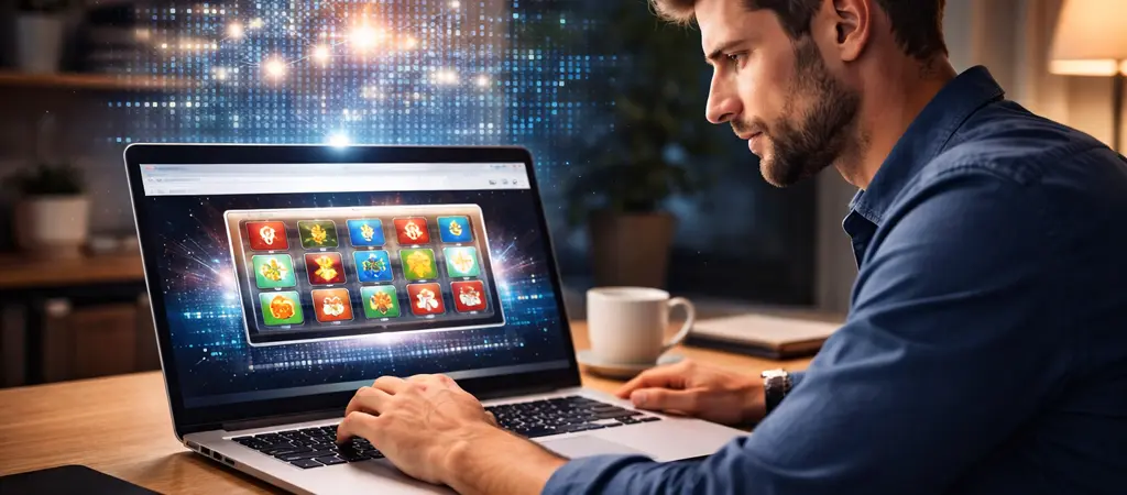Férfi laptopon online kaszinó játék felületet használ, RNG működése és véletlenszerűség Magyarországon
