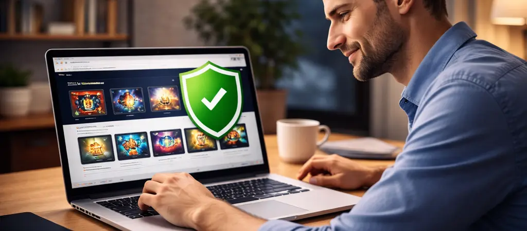 Férfi laptopon online kaszinó játékokat néz, biztonságot jelző pajzs ikonnal és RNG manipulálás kérdésével