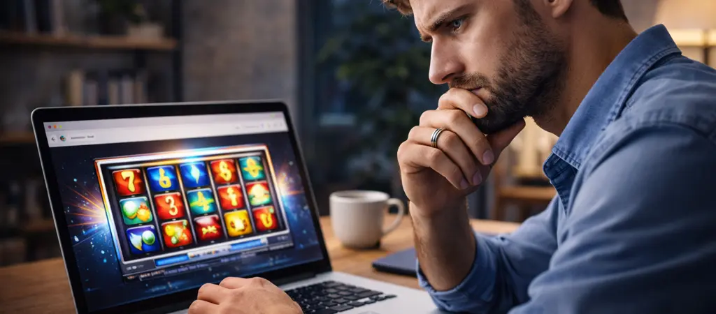 Férfi koncentráltan nézi a laptopon futó nyerőgépet, RNG alapú fair játék működése online kaszinóban