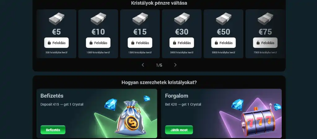 Royal Sea online kaszinó kristály beváltási felülete különböző euró értékű jutalom opciókkal