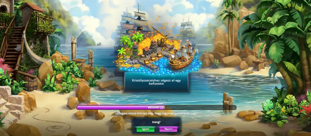 Royal Sea online kaszinó city builder játékmenet trópusi szigettel, kikötő fejlesztéssel és kristály jutalom lehetőséggel