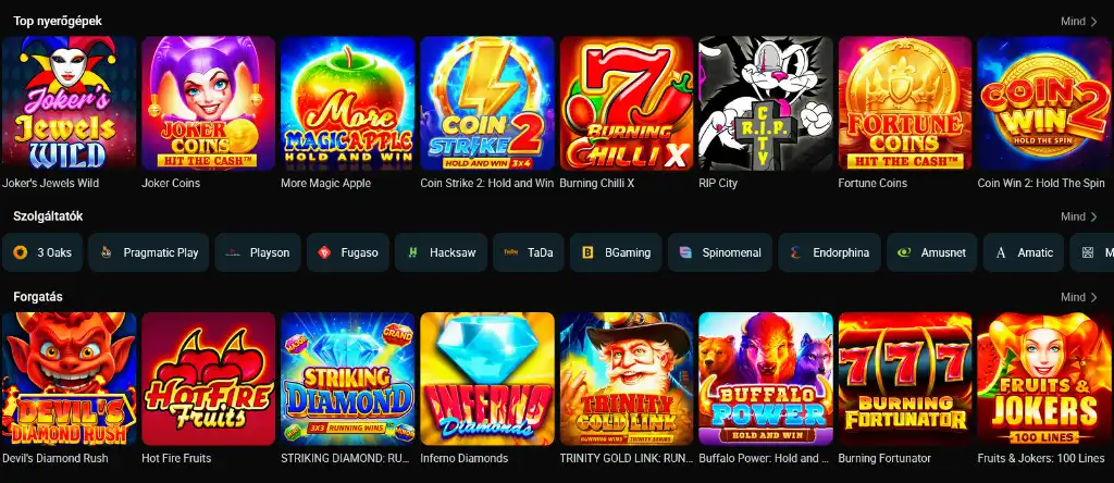Royal Sea online kaszinó nyerőgép kínálata különböző slot játékokkal és szolgáltatói szűrőkkel