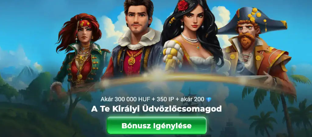 Royal Sea online kaszinó üdvözlő bónusz ajánlata új magyar játékosoknak 300 000 Ft + 350 ingyenes pörgetéssel és akár 200 gyémánttal, királyi témájú grafikával és regisztrációs jutalommal