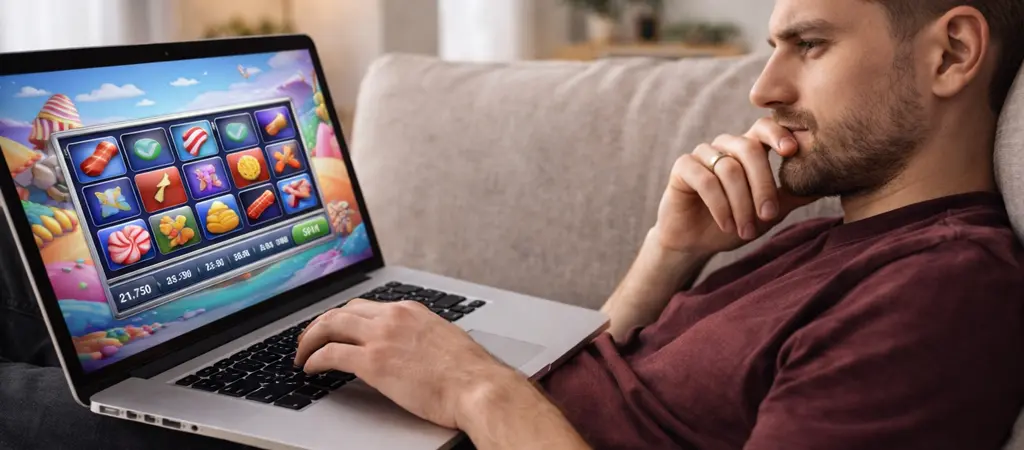 Férfi laptopon online nyerőgépet játszik otthon, RTP fontossága online kaszinó játékoknál