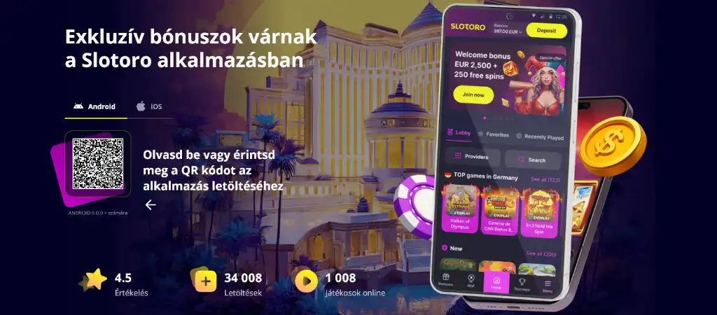 Slotoro mobil kaszinó alkalmazás letöltési oldala telefonon megjelenő játékfelülettel és bónusz ajánlatokkal
