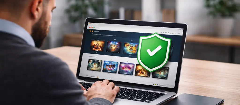 Férfi laptopon SZTFH engedéllyel rendelkező online kaszinó oldalt néz, biztonságot jelző pajzs ikonnal