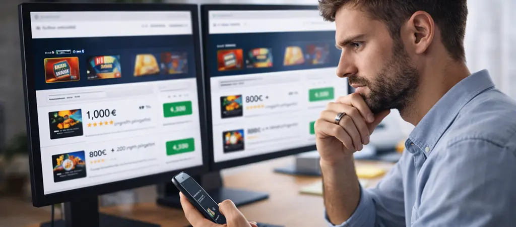 Férfi több képernyőn online kaszinókat hasonlít össze, SZTFH engedély és megbízhatóság témában Magyarországon