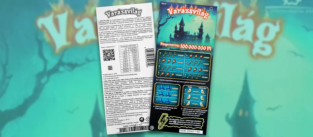 Varázsvilág kaparós sorsjegy elő és hátoldala, magyar sorsjegy játékszabályokkal és nyereményekkel