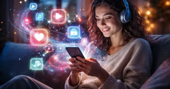Mesterséges intelligencia által személyre szabott online szórakoztatás mobilon, egy fiatal nő mobil online szórakozás közben